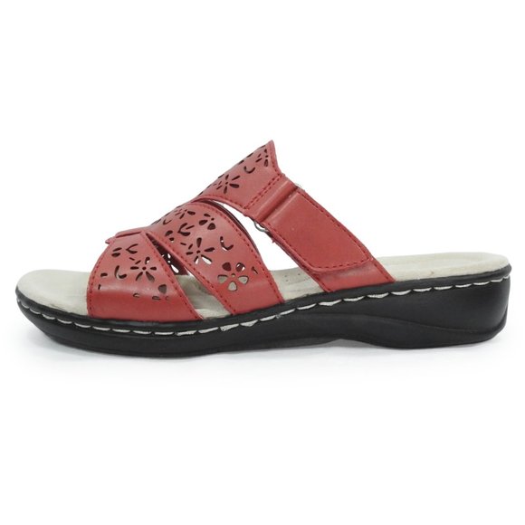 Croft & Barrow Paula Slip On Sandal Slide Red Faux Leather Laser Cut Details - Picture 4 of 9